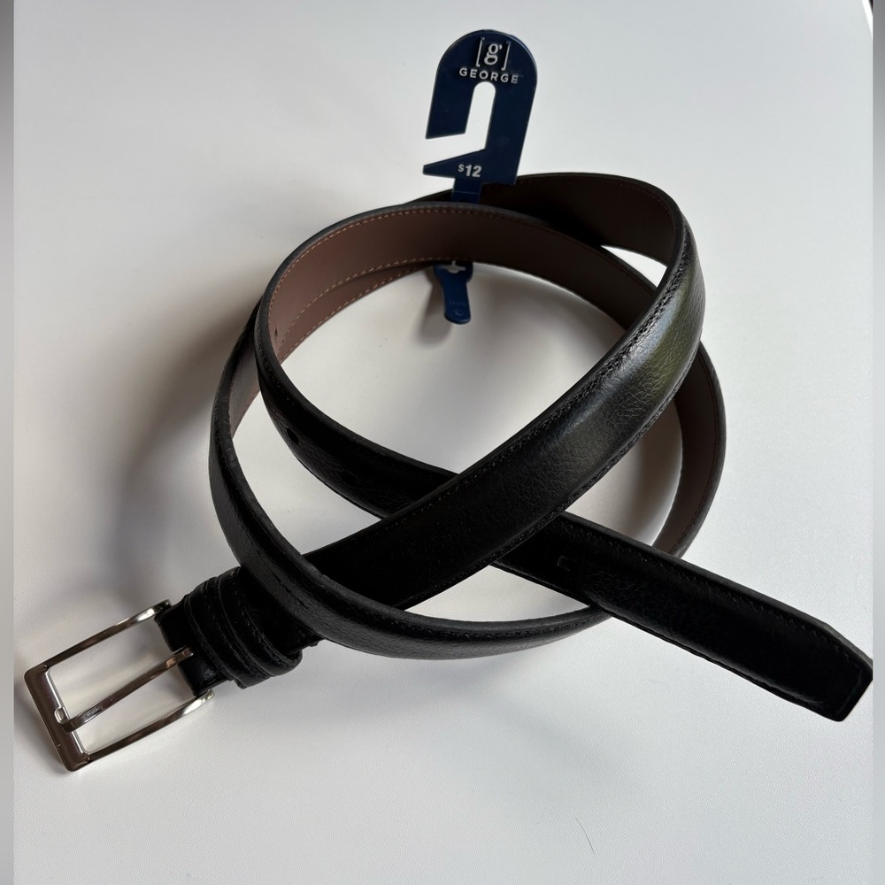 New George Men's Black Genuine Leather Belt Silvertone Buckle Size 46-48